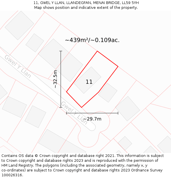 11, GWEL Y LLAN, LLANDEGFAN, MENAI BRIDGE, LL59 5YH: Plot and title map