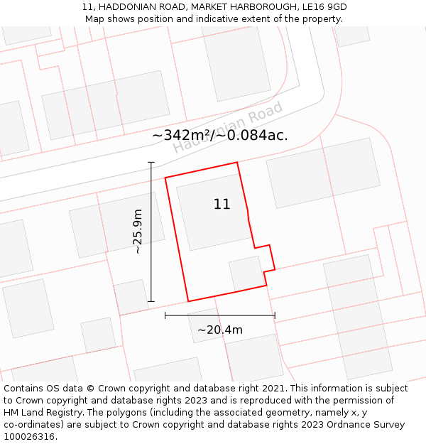 11, HADDONIAN ROAD, MARKET HARBOROUGH, LE16 9GD: Plot and title map