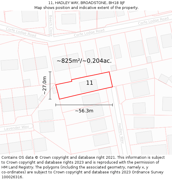 11, HADLEY WAY, BROADSTONE, BH18 9JF: Plot and title map