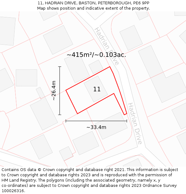 11, HADRIAN DRIVE, BASTON, PETERBOROUGH, PE6 9PP: Plot and title map