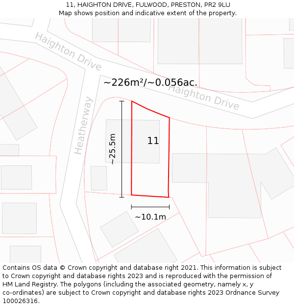 11, HAIGHTON DRIVE, FULWOOD, PRESTON, PR2 9LU: Plot and title map