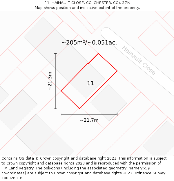 11, HAINAULT CLOSE, COLCHESTER, CO4 3ZN: Plot and title map