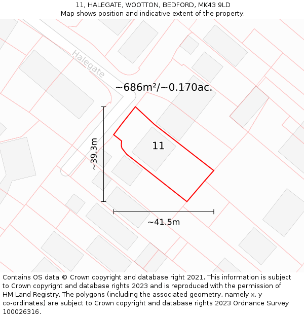 11, HALEGATE, WOOTTON, BEDFORD, MK43 9LD: Plot and title map