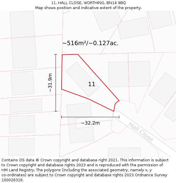 11, HALL CLOSE, WORTHING, BN14 9BQ: Plot and title map