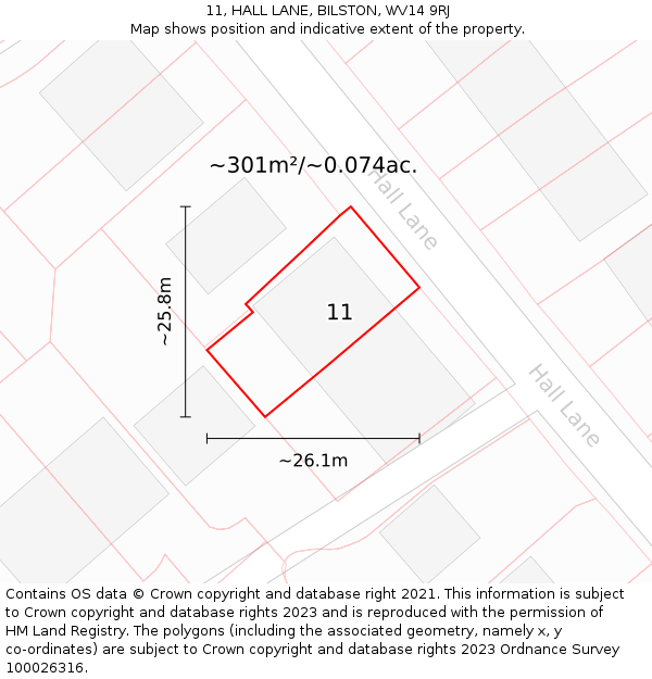 11, HALL LANE, BILSTON, WV14 9RJ: Plot and title map