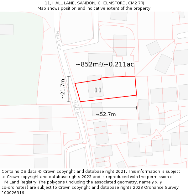 11, HALL LANE, SANDON, CHELMSFORD, CM2 7RJ: Plot and title map