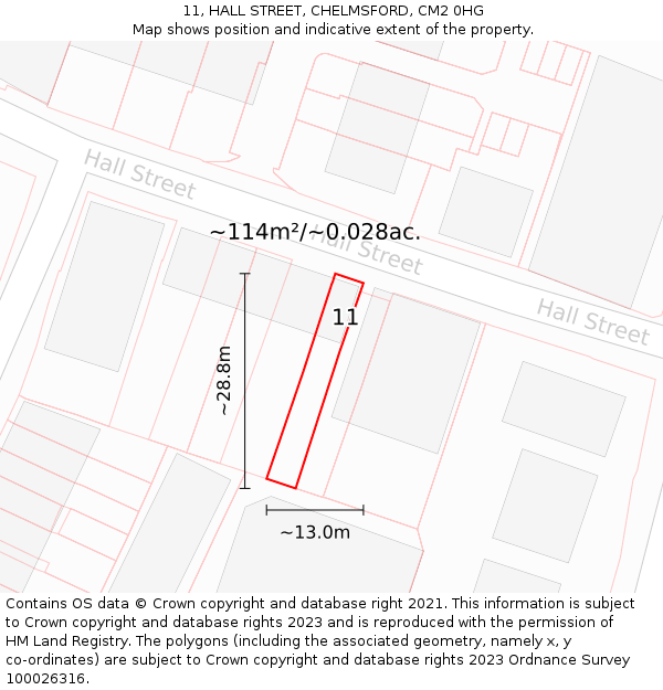 11, HALL STREET, CHELMSFORD, CM2 0HG: Plot and title map