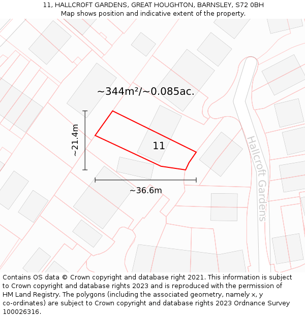 11, HALLCROFT GARDENS, GREAT HOUGHTON, BARNSLEY, S72 0BH: Plot and title map