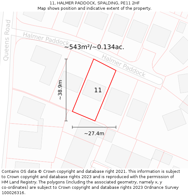 11, HALMER PADDOCK, SPALDING, PE11 2HF: Plot and title map