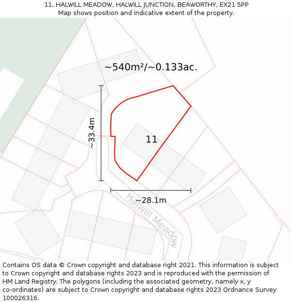 11, HALWILL MEADOW, HALWILL JUNCTION, BEAWORTHY, EX21 5PP: Plot and title map