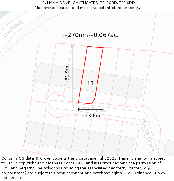 11, HAMA DRIVE, OAKENGATES, TELFORD, TF2 6DD: Plot and title map