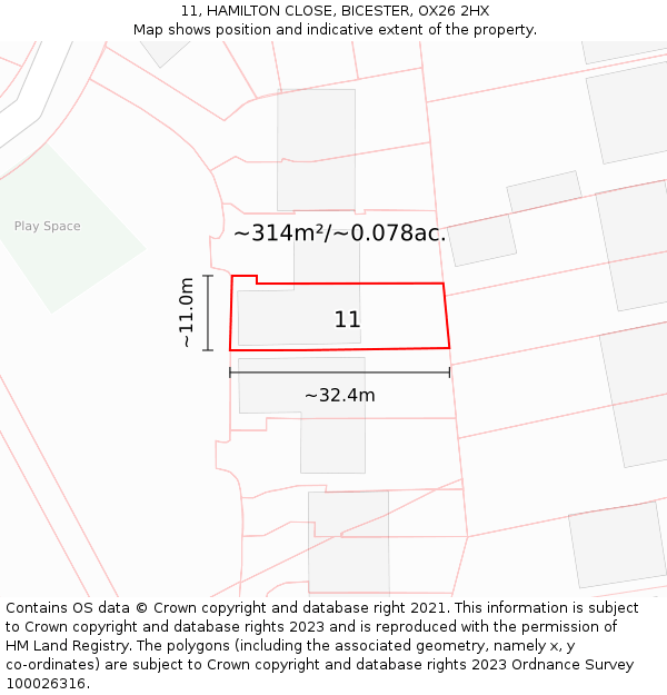 11, HAMILTON CLOSE, BICESTER, OX26 2HX: Plot and title map