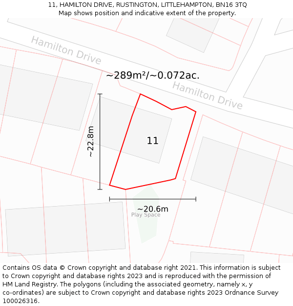 11, HAMILTON DRIVE, RUSTINGTON, LITTLEHAMPTON, BN16 3TQ: Plot and title map