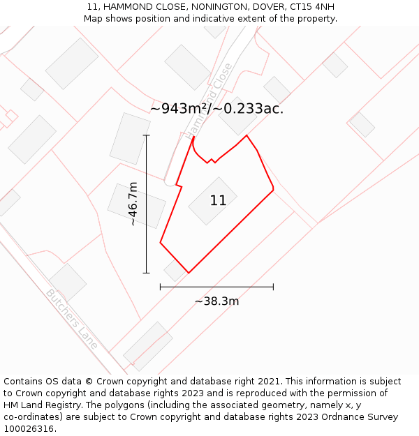11, HAMMOND CLOSE, NONINGTON, DOVER, CT15 4NH: Plot and title map