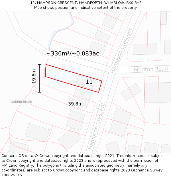 11, HAMPSON CRESCENT, HANDFORTH, WILMSLOW, SK9 3HF: Plot and title map