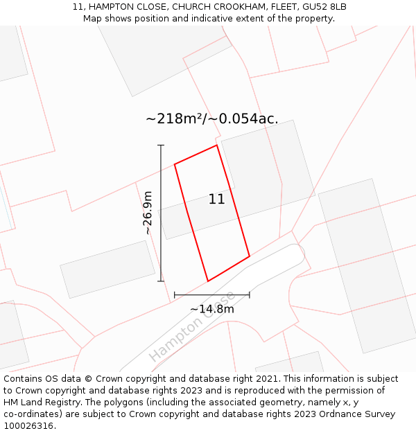 11, HAMPTON CLOSE, CHURCH CROOKHAM, FLEET, GU52 8LB: Plot and title map