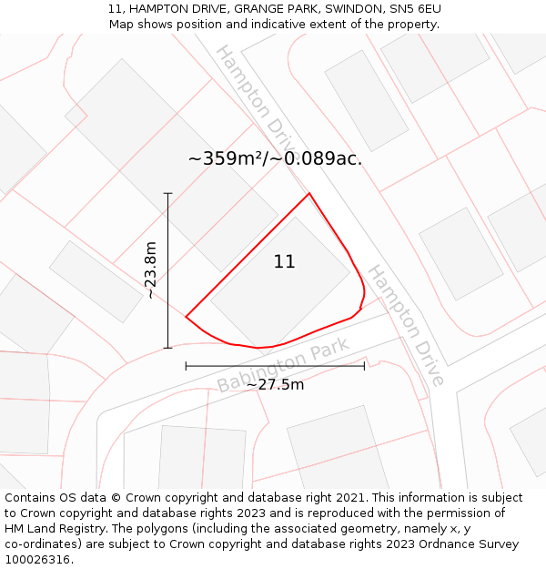 11, HAMPTON DRIVE, GRANGE PARK, SWINDON, SN5 6EU: Plot and title map