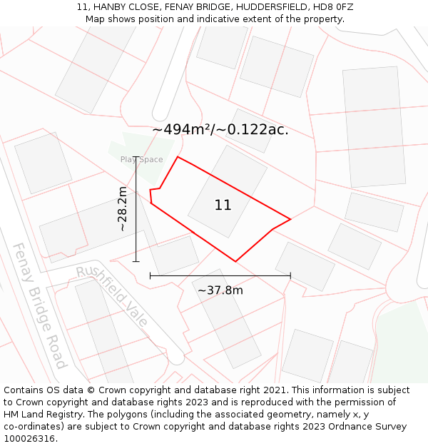 11, HANBY CLOSE, FENAY BRIDGE, HUDDERSFIELD, HD8 0FZ: Plot and title map