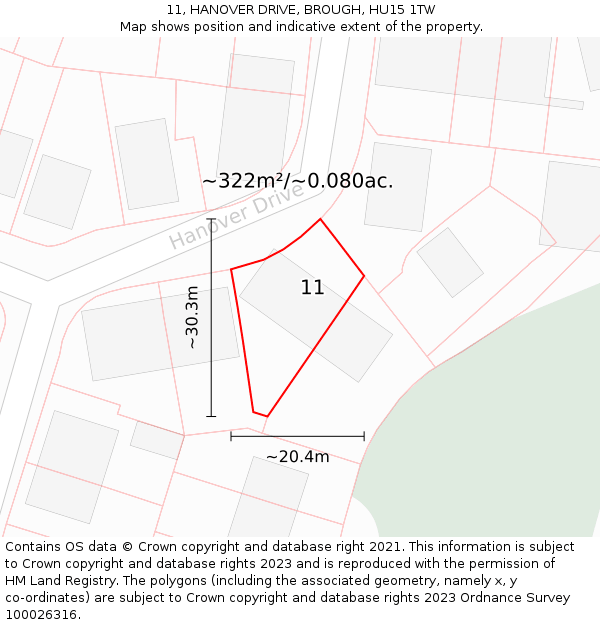 11, HANOVER DRIVE, BROUGH, HU15 1TW: Plot and title map