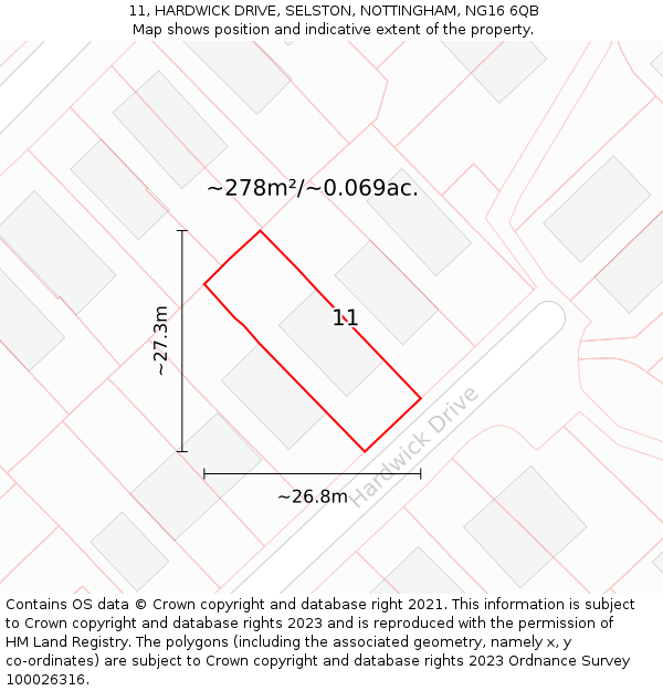 11, HARDWICK DRIVE, SELSTON, NOTTINGHAM, NG16 6QB: Plot and title map