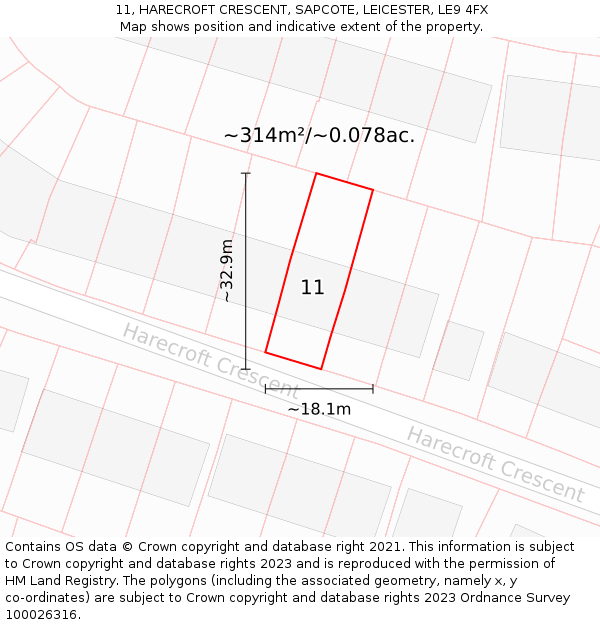 11, HARECROFT CRESCENT, SAPCOTE, LEICESTER, LE9 4FX: Plot and title map