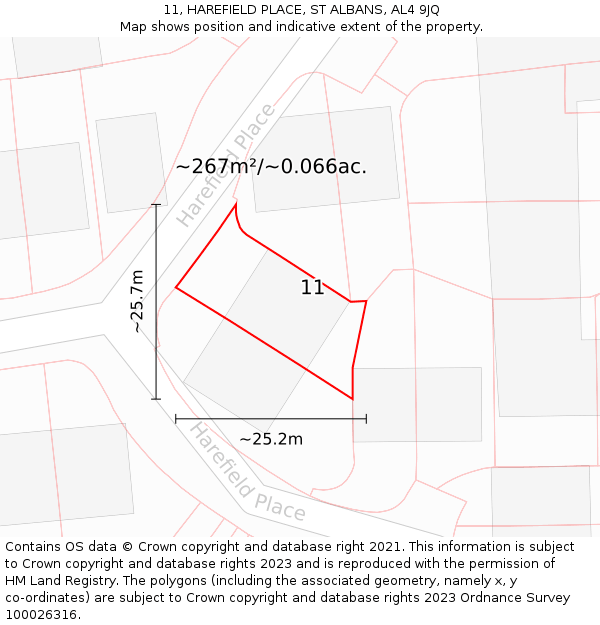 11, HAREFIELD PLACE, ST ALBANS, AL4 9JQ: Plot and title map