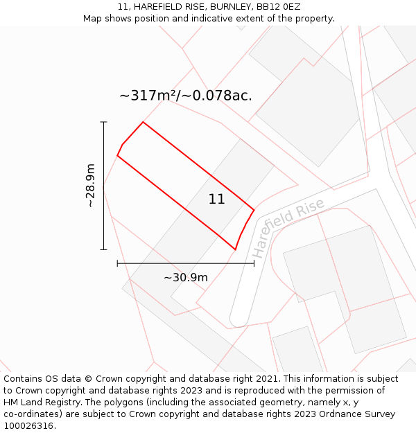 11, HAREFIELD RISE, BURNLEY, BB12 0EZ: Plot and title map