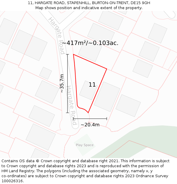 11, HARGATE ROAD, STAPENHILL, BURTON-ON-TRENT, DE15 9GH: Plot and title map