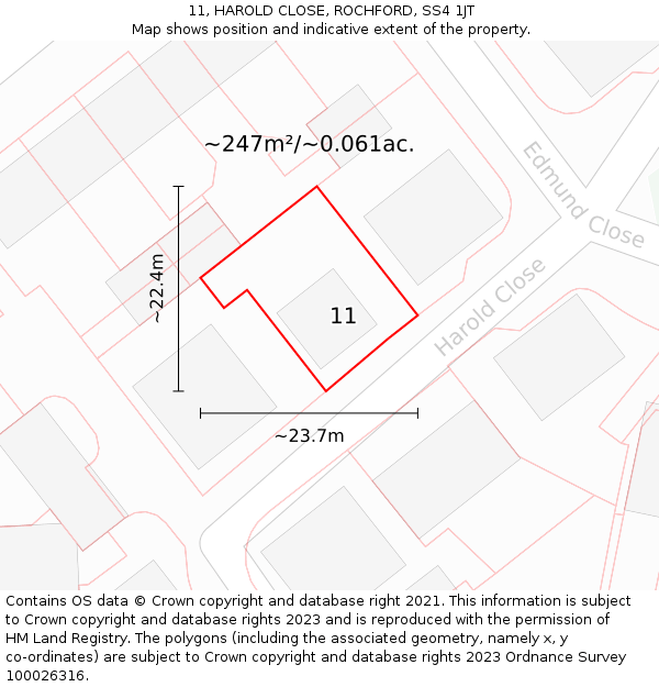 11, HAROLD CLOSE, ROCHFORD, SS4 1JT: Plot and title map
