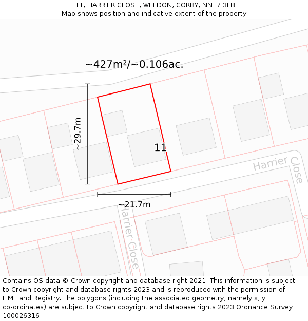 11, HARRIER CLOSE, WELDON, CORBY, NN17 3FB: Plot and title map