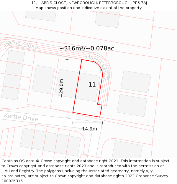 11, HARRIS CLOSE, NEWBOROUGH, PETERBOROUGH, PE6 7AJ: Plot and title map