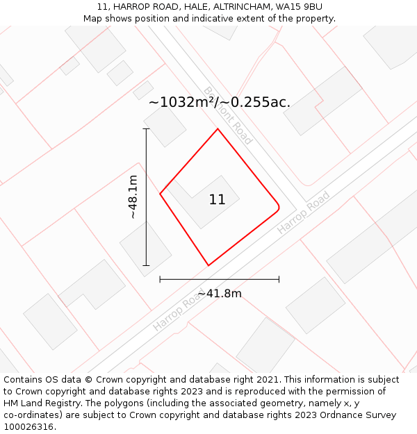 11, HARROP ROAD, HALE, ALTRINCHAM, WA15 9BU: Plot and title map