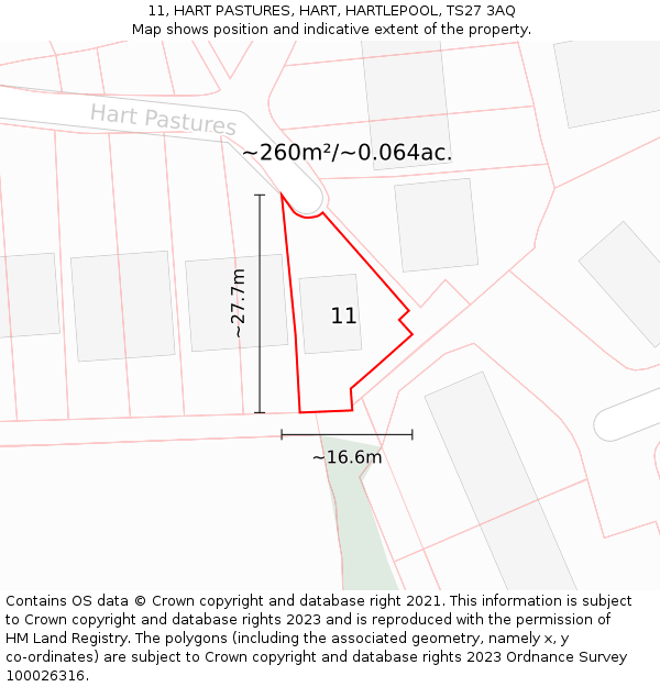 11, HART PASTURES, HART, HARTLEPOOL, TS27 3AQ: Plot and title map