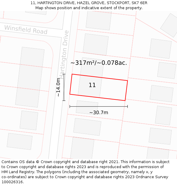 11, HARTINGTON DRIVE, HAZEL GROVE, STOCKPORT, SK7 6ER: Plot and title map