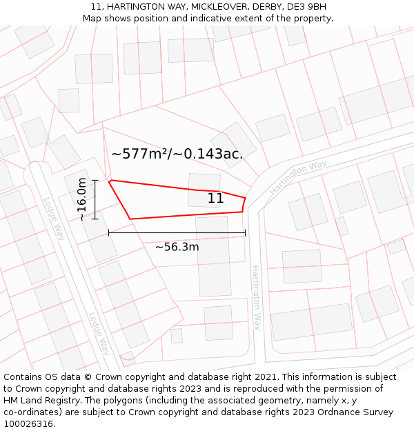 11, HARTINGTON WAY, MICKLEOVER, DERBY, DE3 9BH: Plot and title map