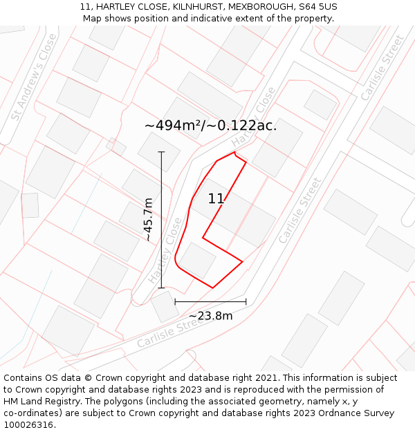 11, HARTLEY CLOSE, KILNHURST, MEXBOROUGH, S64 5US: Plot and title map