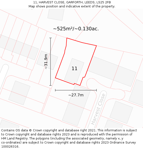 11, HARVEST CLOSE, GARFORTH, LEEDS, LS25 2FB: Plot and title map