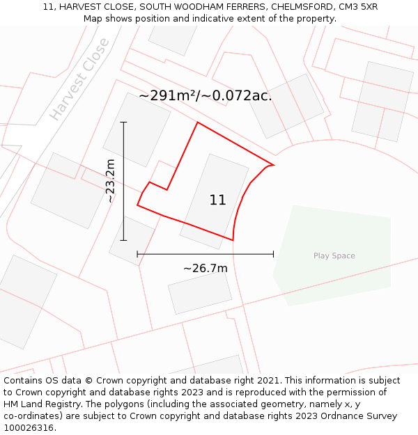 11, HARVEST CLOSE, SOUTH WOODHAM FERRERS, CHELMSFORD, CM3 5XR: Plot and title map