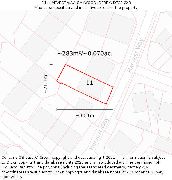 11, HARVEST WAY, OAKWOOD, DERBY, DE21 2XB: Plot and title map