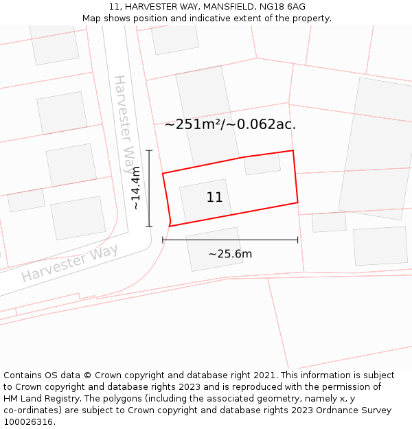 11, HARVESTER WAY, MANSFIELD, NG18 6AG: Plot and title map
