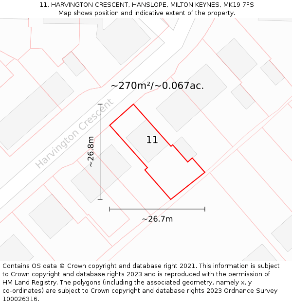 11, HARVINGTON CRESCENT, HANSLOPE, MILTON KEYNES, MK19 7FS: Plot and title map