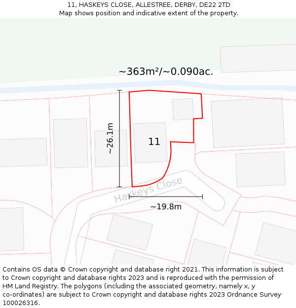 11, HASKEYS CLOSE, ALLESTREE, DERBY, DE22 2TD: Plot and title map