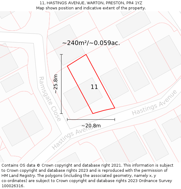 11, HASTINGS AVENUE, WARTON, PRESTON, PR4 1YZ: Plot and title map