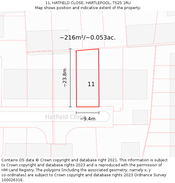 11, HATFIELD CLOSE, HARTLEPOOL, TS25 1RU: Plot and title map
