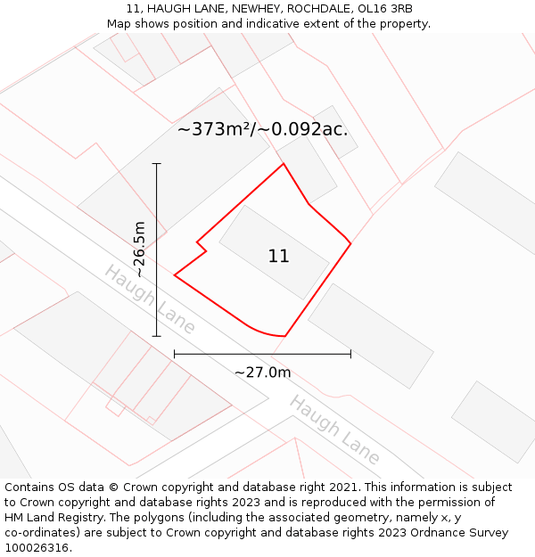 11, HAUGH LANE, NEWHEY, ROCHDALE, OL16 3RB: Plot and title map