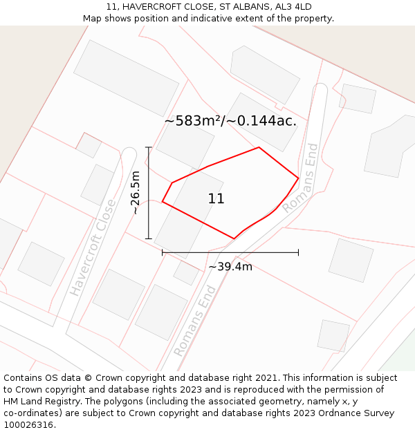 11, HAVERCROFT CLOSE, ST ALBANS, AL3 4LD: Plot and title map