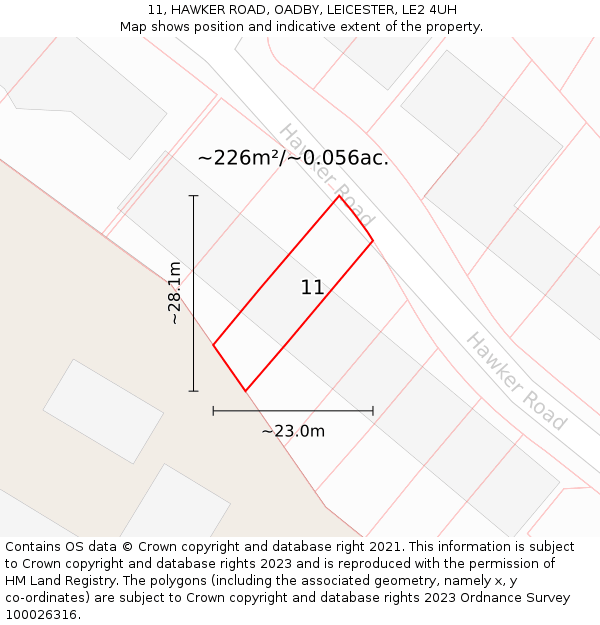 11, HAWKER ROAD, OADBY, LEICESTER, LE2 4UH: Plot and title map