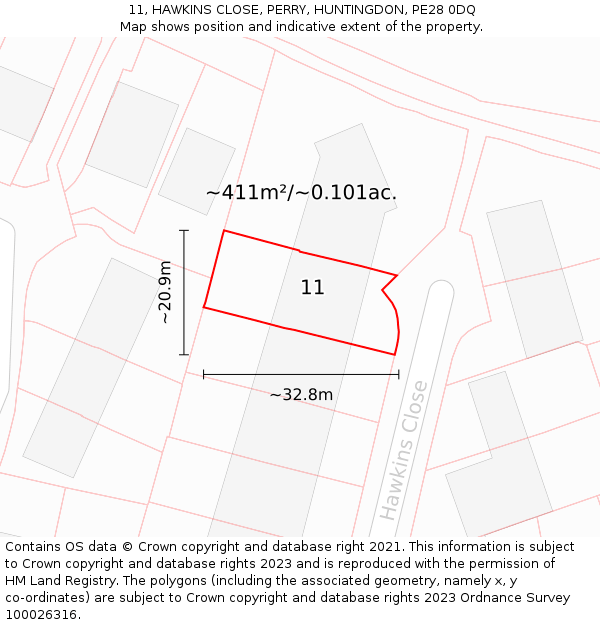 11, HAWKINS CLOSE, PERRY, HUNTINGDON, PE28 0DQ: Plot and title map