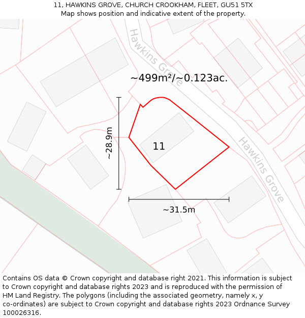 11, HAWKINS GROVE, CHURCH CROOKHAM, FLEET, GU51 5TX: Plot and title map