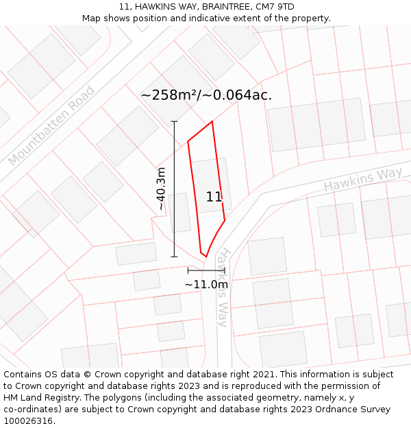 11, HAWKINS WAY, BRAINTREE, CM7 9TD: Plot and title map